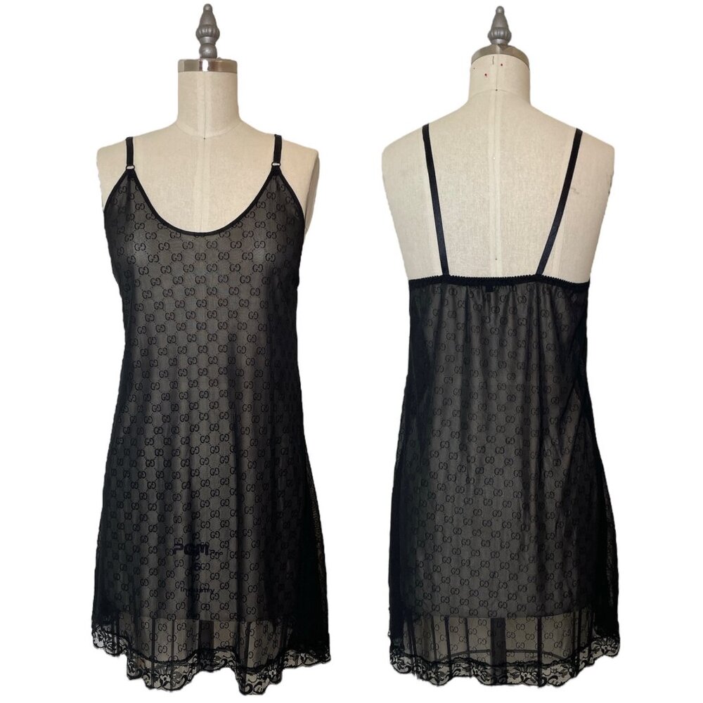 GUCCI Tom Ford 1998 GG Logo Mesh Slip Dress Lingerie Teddy Chemise Mini Dress M